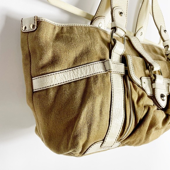 Celine Boogie Canvas Bag Olive Khaki Satchel Cream Leather Straps Medium - Picture 4 of 14